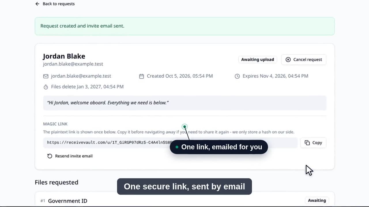 A file request in ReceiveVault right after it was sent: a Request created banner above the secure magic link to share with the client, and the list of documents requested.